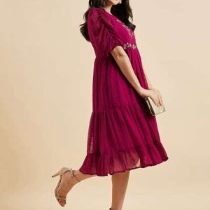 Azira Floral Embroidered Round Neck Short Puff Sle