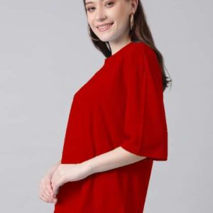 Kotty Red Round Neck Oversized Cotton Tshirt