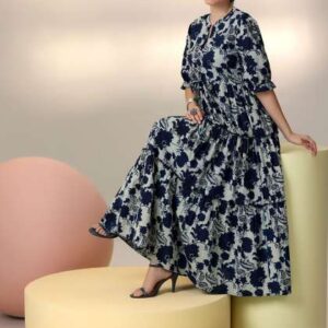 Libas Women Floral Printed Puff Sleeve Fit  Flare