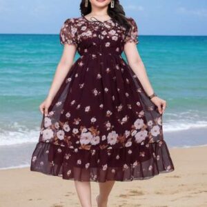 MISS CLOTHING Women Floral Printed Puff Sleeve Mid
