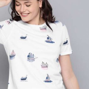 Mast  Harbour Women White  Blue Printed Round Neck