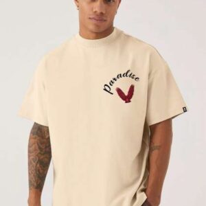 PRONK Men Beige Graphic Printed Oversized Tshirt