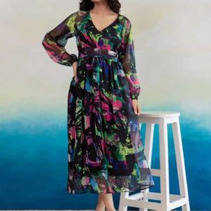 Polago Clothing Women Abstract Printed VNeck Puff
