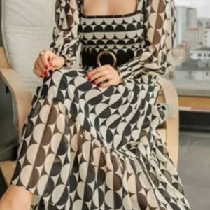 TRENBEE Women Geometric Printed Fit  Flare Midi Dr