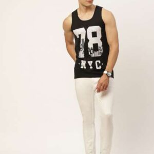 VEIRDO Men Black  White Typographic Pure Cotton Pr