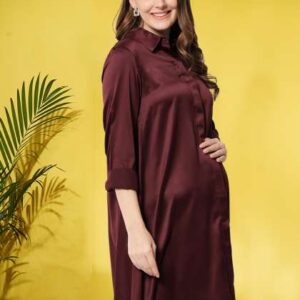 angloindu Women Burgundy Satin Maternity Shirt Dre