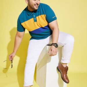 bigbanana Men Plus Size Teal Colourblocked Polo Co